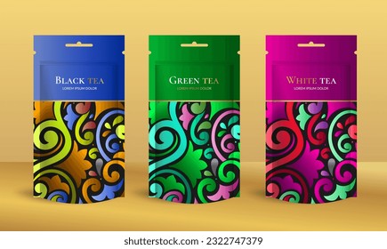 Tea packaging design with zip pouch bag mockup. Vector ornament template. Elegant, classic elements. Great for food, drink and other package types. Can be used for background and wallpaper.