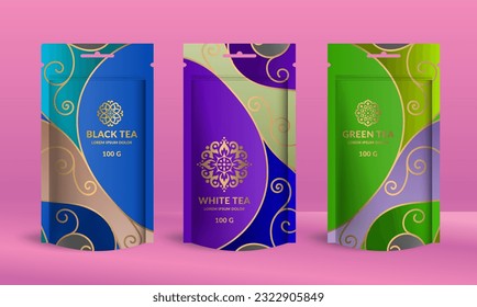 Tea packaging design with zip pouch bag mockup. Vector ornament template. Elegant, classic elements. Great for food, drink and other package types. Can be used for background and wallpaper.