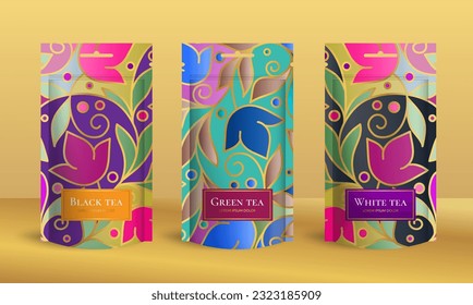 Tea packaging design with zip pouch bag mockup. Vector ornament template. Elegant, classic elements. Great for food, drink and other package types. Can be used for background and wallpaper.