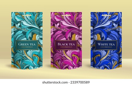 Tea packaging design with zip pouch bag mockup. Vector ornament template. Elegant, classic elements. Great for food, drink and other package types. Can be used for background and wallpaper.