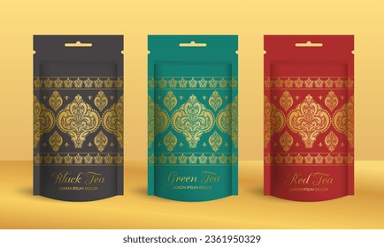 Tea packaging design with zip pouch bag mockup. Vector ornament template. Elegant, classic elements. Great for food, drink and other package types. Can be used for background and wallpaper.