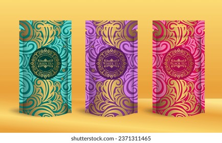 Tea packaging design with zip pouch bag mockup. Vector ornament template. Elegant, classic elements. Great for food, drink and other package types. Can be used for background and wallpaper.