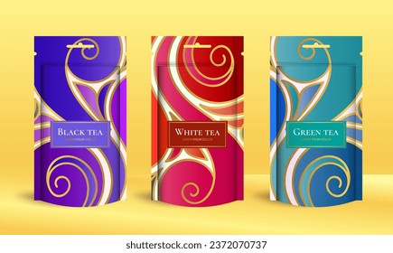 Tea packaging design with zip pouch bag mockup. Vector ornament template. Elegant, classic elements. Great for food, drink and other package types. Can be used for background and wallpaper.
