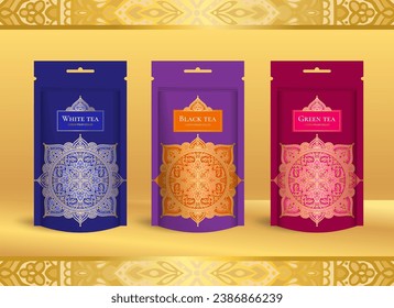 Tea packaging design with zip pouch bag mockup. Vector ornament template. Elegant, classic elements. Great for food, drink and other package types. Can be used for background and wallpaper.