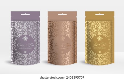 Tea packaging design with zip pouch bag mockup. Vector ornament template. Elegant, classic elements. Great for food, drink and other package types. Can be used for background and wallpaper.