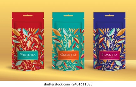 Tea packaging design with zip pouch bag mockup. Vector ornament template. Elegant, classic elements. Great for food, drink and other package types. Can be used for background and wallpaper.