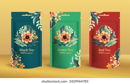 Tea packaging design with zip pouch bag mockup. Vector ornament template. Elegant, classic elements. Great for food, drink and other package types. Can be used for background and wallpaper.