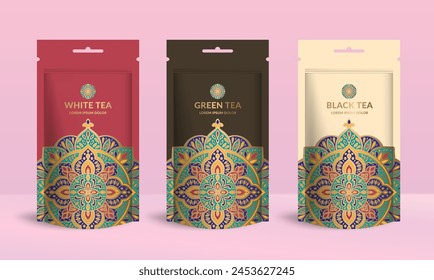 Tea packaging design with zip pouch bag mockup. Vector ornament template. Elegant, classic elements. Great for food, drink and other package types. Can be used for background and wallpaper.