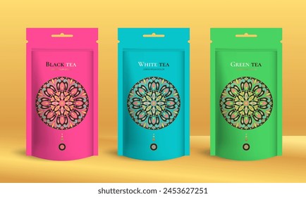 Tea packaging design with zip pouch bag mockup. Vector ornament template. Elegant, classic elements. Great for food, drink and other package types. Can be used for background and wallpaper.