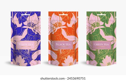 Tea packaging design with zip pouch bag mockup. Vector ornament template. Elegant, classic elements. Great for food, drink and other package types. Can be used for background and wallpaper.