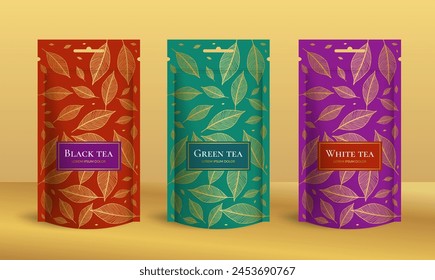 Tea packaging design with zip pouch bag mockup. Vector ornament template. Elegant, classic elements. Great for food, drink and other package types. Can be used for background and wallpaper.