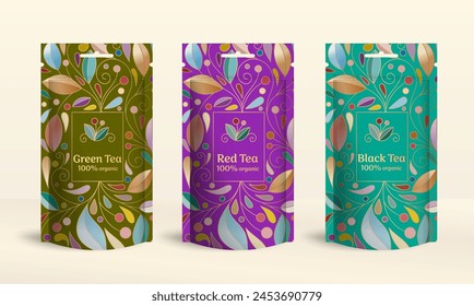 Diseño de empaquetado del té con la moqueta del bolso de la cremallera. Plantilla de Vector. Elementos elegantes y clásicos. Ideal para comida, bebida y otros tipos de paquetes. Se puede utilizar para el fondo y el Fondo de pantalla.