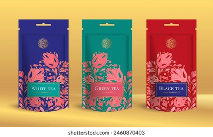 Diseño de empaquetado del té con la moqueta del bolso de la cremallera. Plantilla de Vector. Elementos elegantes y clásicos. Ideal para comida, bebida y otros tipos de paquetes. Se puede utilizar para el fondo y el Fondo de pantalla.