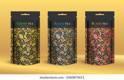 Tea packaging design with zip pouch bag mockup. Vector ornament template. Elegant, classic elements. Great for food, drink and other package types. Can be used for background and wallpaper.