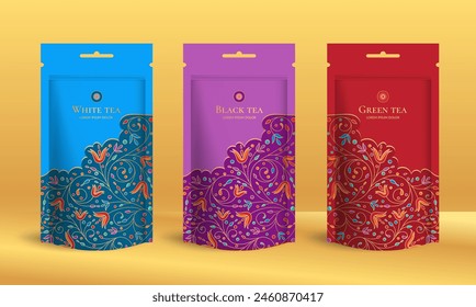 Diseño de empaquetado del té con la moqueta del bolso de la cremallera. Plantilla de Vector. Elementos elegantes y clásicos. Ideal para comida, bebida y otros tipos de paquetes. Se puede utilizar para el fondo y el Fondo de pantalla.