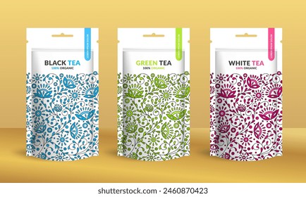 Tea packaging design with zip pouch bag mockup. Vector ornament template. Elegant, classic elements. Great for food, drink and other package types. Can be used for background and wallpaper.