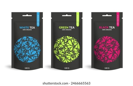 Tea packaging design with zip pouch bag mockup. Vector ornament template. Elegant, classic elements. Great for food, drink and other package types. Can be used for background and wallpaper.