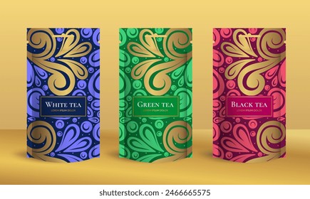 Tea packaging design with zip pouch bag mockup. Vector ornament template. Elegant, classic elements. Great for food, drink and other package types. Can be used for background and wallpaper.