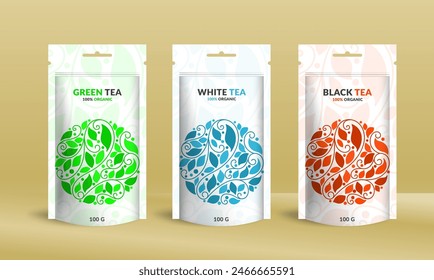 Tea packaging design with zip pouch bag mockup. Vector ornament template. Elegant, classic elements. Great for food, drink and other package types. Can be used for background and wallpaper.