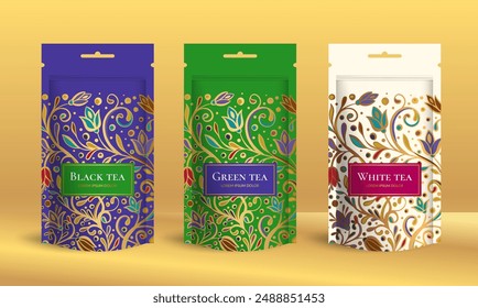 Tea packaging design with zip pouch bag mockup. Vector ornament template. Elegant, classic elements. Great for food, drink and other package types. Can be used for background and wallpaper.