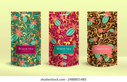 Tea packaging design with zip pouch bag mockup. Vector ornament template. Elegant, classic elements. Great for food, drink and other package types. Can be used for background and wallpaper.