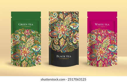 Projeto de embalagem de chá com mockup saco de bolsa zip. Modelo de ornamento de vetor. Elementos elegantes e clássicos. Ótimo para alimentos, bebidas e outros tipos de embalagens. Pode ser usado para fundo e papel de parede.