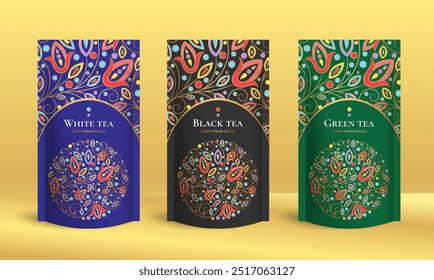 Tea packaging design with zip pouch bag mockup. Vector ornament template. Elegant, classic elements. Great for food, drink and other package types. Can be used for background and wallpaper.