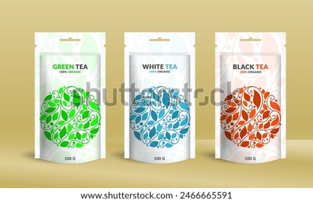 Tea packaging design with zip pouch bag mockup. Vector ornament template. Elegant, classic elements. Great for food, drink and other package types. Can be used for background and wallpaper.