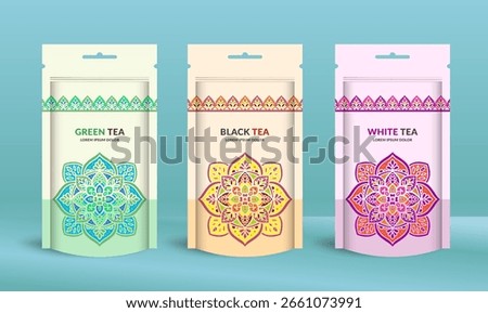 Tea packaging design with zip pouch bag mockup. Vector ornament template. Elegant, classic elements. Great for food, drink and other package types. Can be used for background and wallpaper.