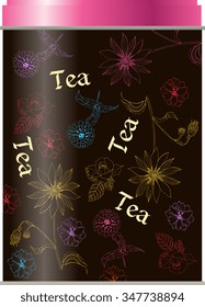 Tea packaging with hand drawn flowers. Vector illustration.
