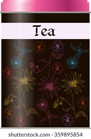 Tea packaging with hand drawn flowers. Vector illustration.