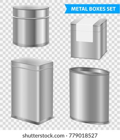 Tejas de embalaje de té y cajas metálicas con forma variada 4 imágenes realistas colocadas en ilustración vectorial transparente