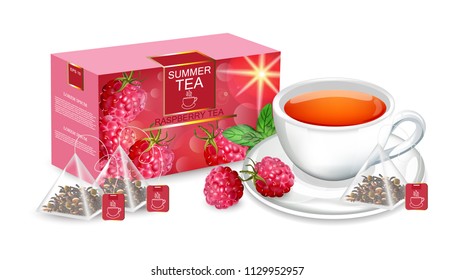 Tea packaging Vector realistic mock up. Summer raspberry flavor. 3d detailed illustration. Product packaging