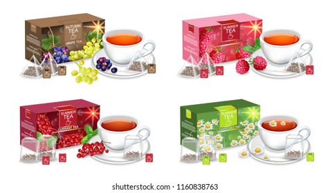 Tea packaging Vector realistic set. Grapes, chamomile red currant and raspberry collection. Label design mock up detailed illustrations