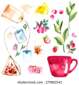 Tea painted with watercolors on white background. Figure ink on paper. Tea chanik, a cup, a bag of berries. Vector