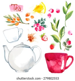 Tea painted with watercolors on white background. Figure ink on paper. Tea chanik, a cup, a bag of berries. Vector