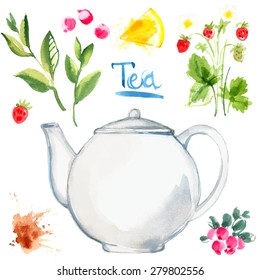 Tea painted with watercolors on white background. Figure ink on paper. Tea chanik, a cup, a bag of berries. Vector