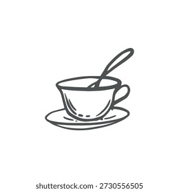 Tea pair, cup and saucer with spoon vector graphic illustration for food design. Hand drawn isolated doodle of cozy teatime items. Black and white clipart for desing menu or recipe, cottagecore vibes.