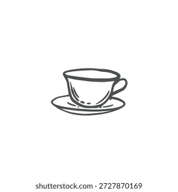Ilustração gráfica vetorial de par de chá, xícara e pires para design de alimentos. Vaso isolado desenhado à mão para café, bebida quente. Conjunto de chá de item de ajuste de mesa. Clipart doodle preto e branco para vibes cottagecore