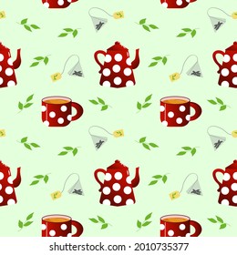 Tea pair - teapot and cup. The dishes are red with white polka dots. Vector seamless pattern. For menus, cafes, wrapping paper, fabric covers, flyers and promotions, brochures and tea shops.