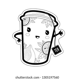 Tea in paper cup cartoon character with cute face. Drawn vector illustration in lines.
Hot drinks concept for store signs, booklets, flyers, t-shirts, bags, for posters, invitations, cards, etc.