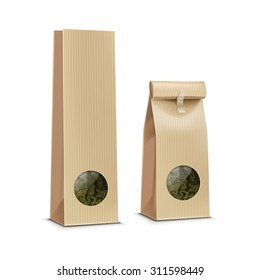 Tea paper packaging package pack bag with transparent window isolated vector illustration