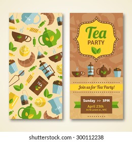 Tea party announcement two banners with  teapot cupcake and event date and time abstract isolated vector illustration. Editable EPS and Render in JPG format