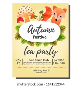 tea party autumn invitation card with mushroom