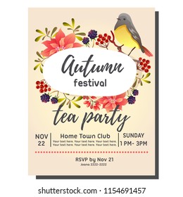 tea party autumn invitation card with birdsong