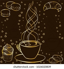 Tea party background. Golden hand drawn backdrop for invitations, cards, envelopes and sweet notes on Valentines Day on a dark brown background