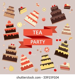 Tea party banner. Sweets, Cakes, Candies, Fruits vector illustration.