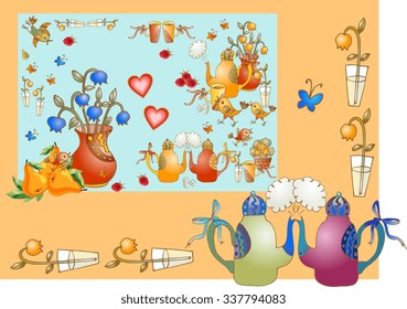 Tea party. Beautiful card with teapots, vases with flowers, pears, cups, hearts and birds. Cute vector illustration for teatime. 