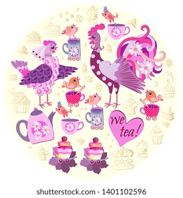 Tea party. Beautiful round pattern with funny rooster, hen and spring chickens, cup of tea, teapot and pastry. Pretty design card. Doily. Poster for baby.