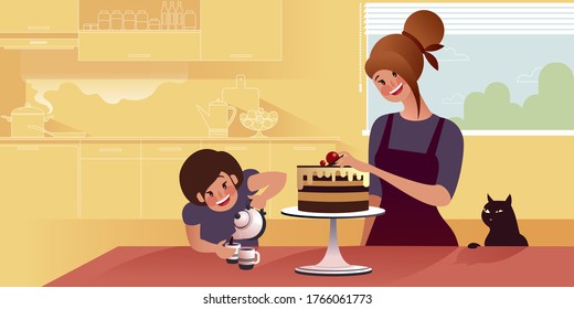 Tea party with cake. Mom, daughter and a black cat.